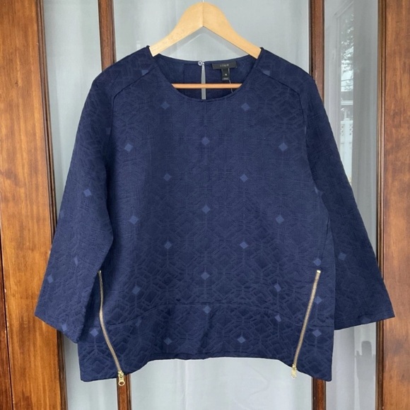 J Crew Matelasse Zip Top Size 12 Navy Blue Geometric Embossed Boxy Blouse New - Picture 1 of 7